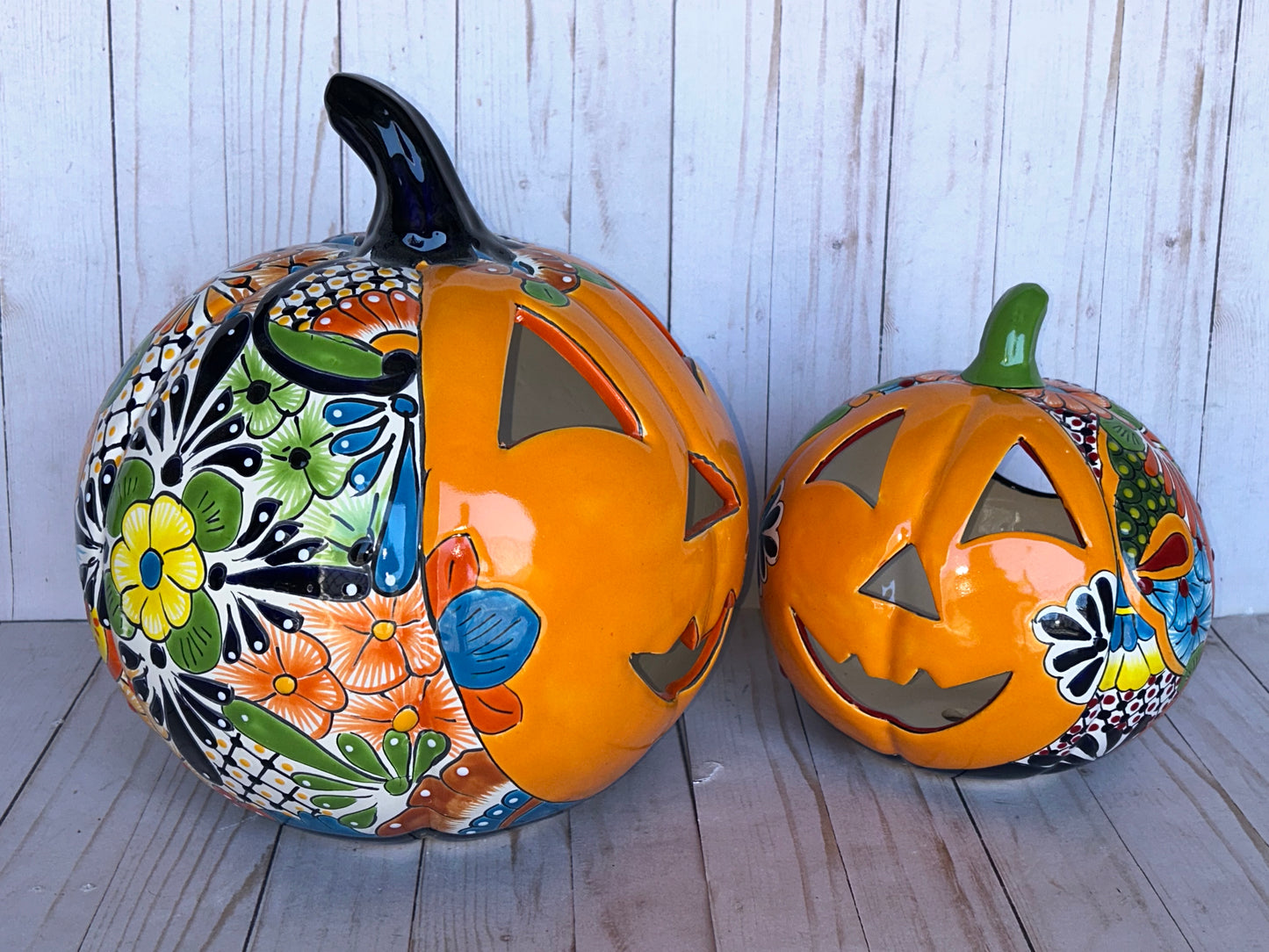 Hand-Painted Talavera Ceramic Pumpkin: Floral Jack-o'-Lantern Decor