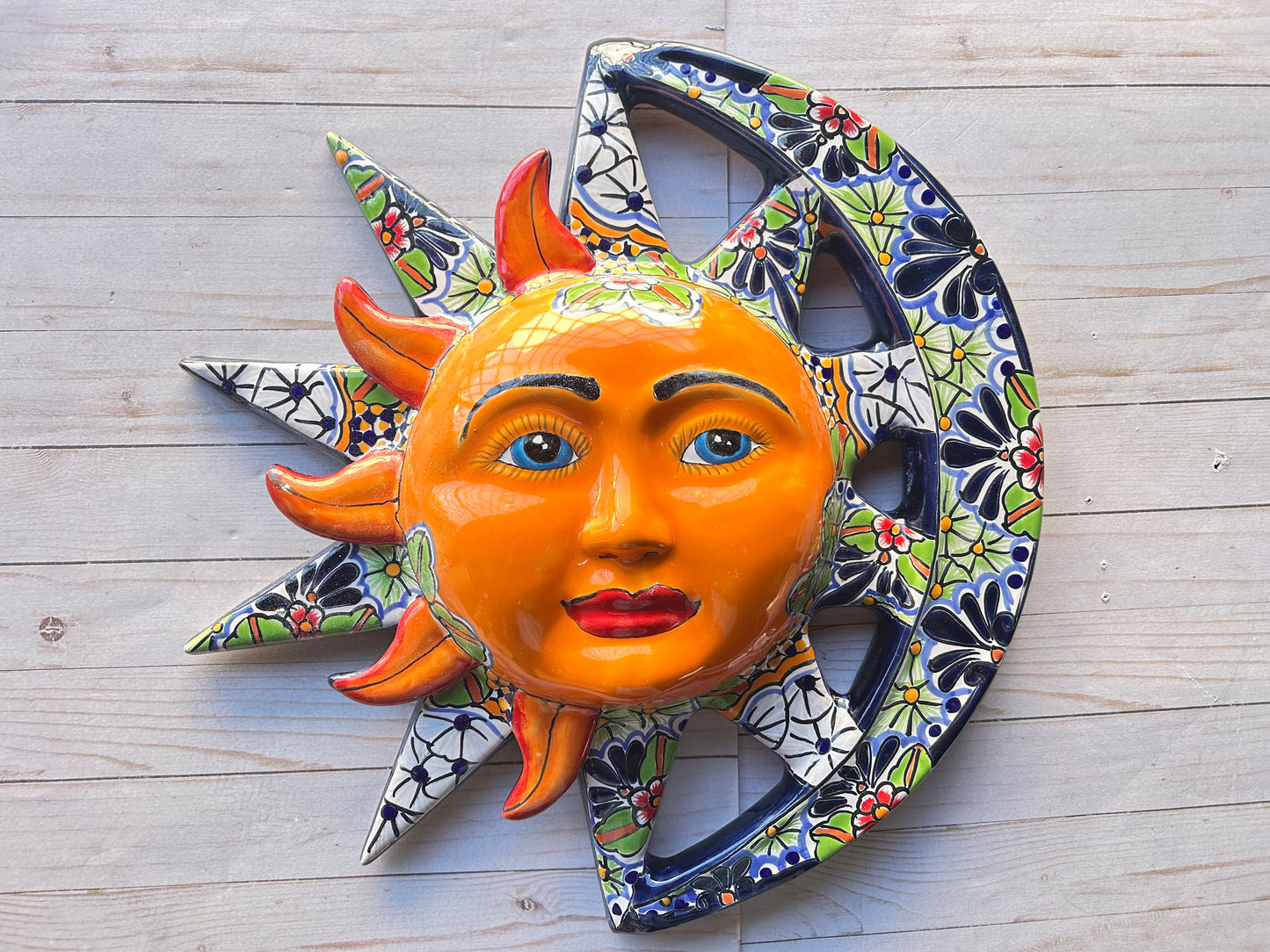 Handcrafted Talavera Sun & Moon Wall Art – Colorful Mexican Ceramic Wall Décor – 19.5” Diameter