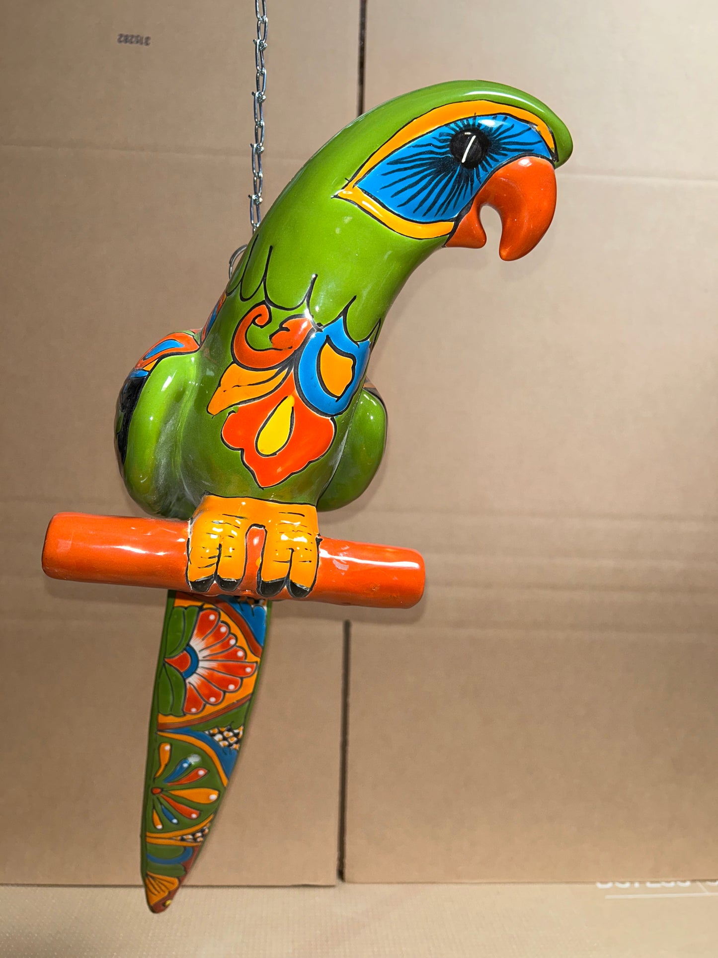Handmade Ceramic Hanging Parrot: Classic Talavera Pattern Mexican Decor