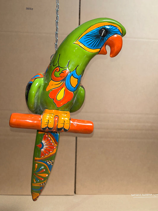 Handmade Ceramic Hanging Parrot: Classic Talavera Pattern Mexican Decor