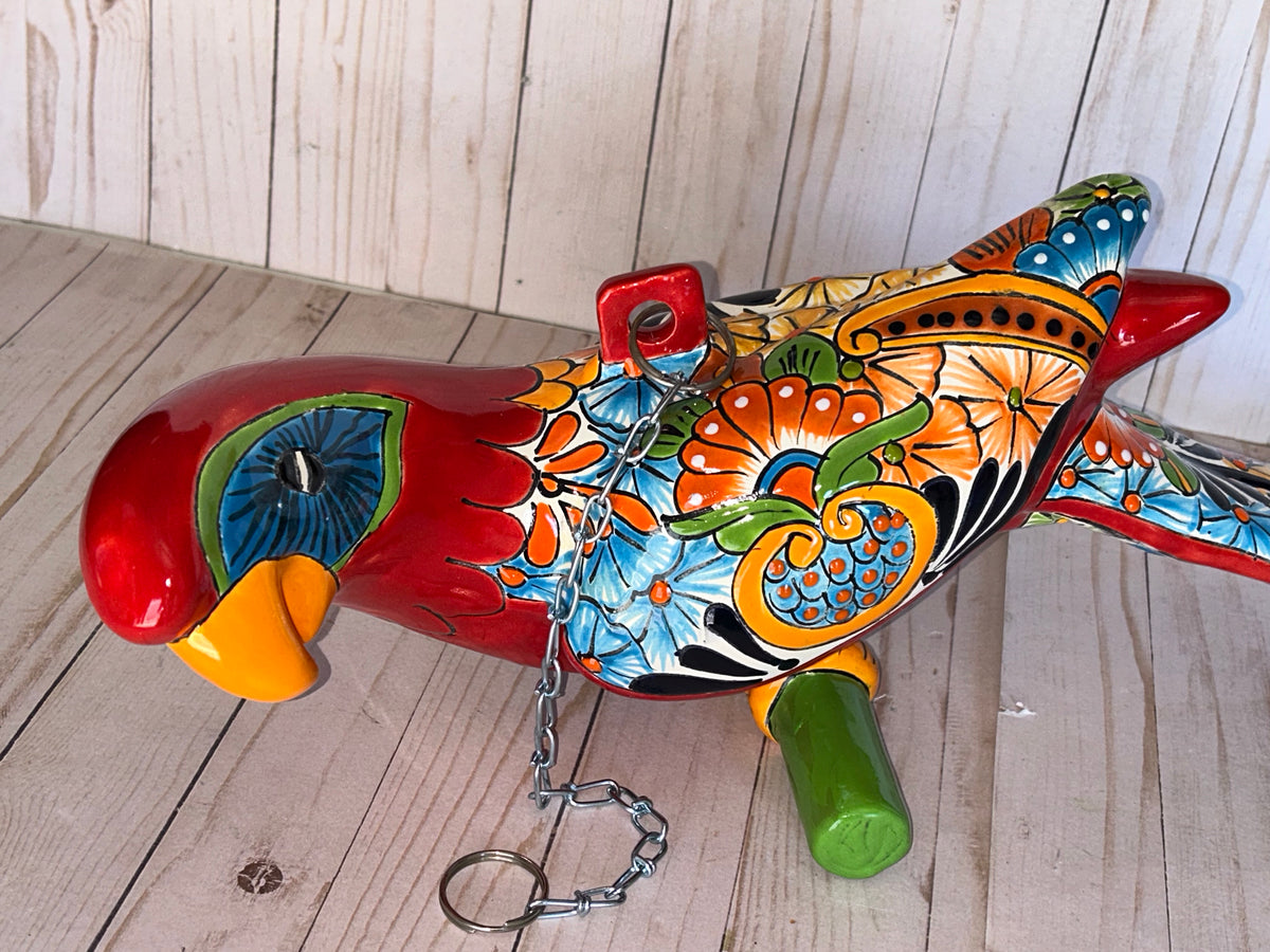 Mexican Talavera Ceramic. Hanging Parrot Red Background Classic Puebla