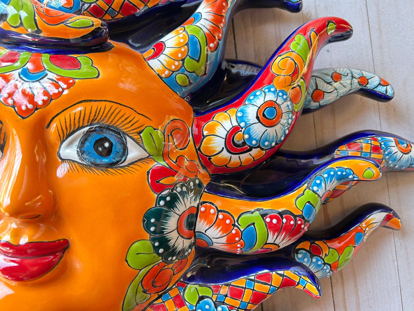 Handcrafted Large Talavera Sun Face Wall Art – Mexican Ceramic Decor, Vibrant Folk Art