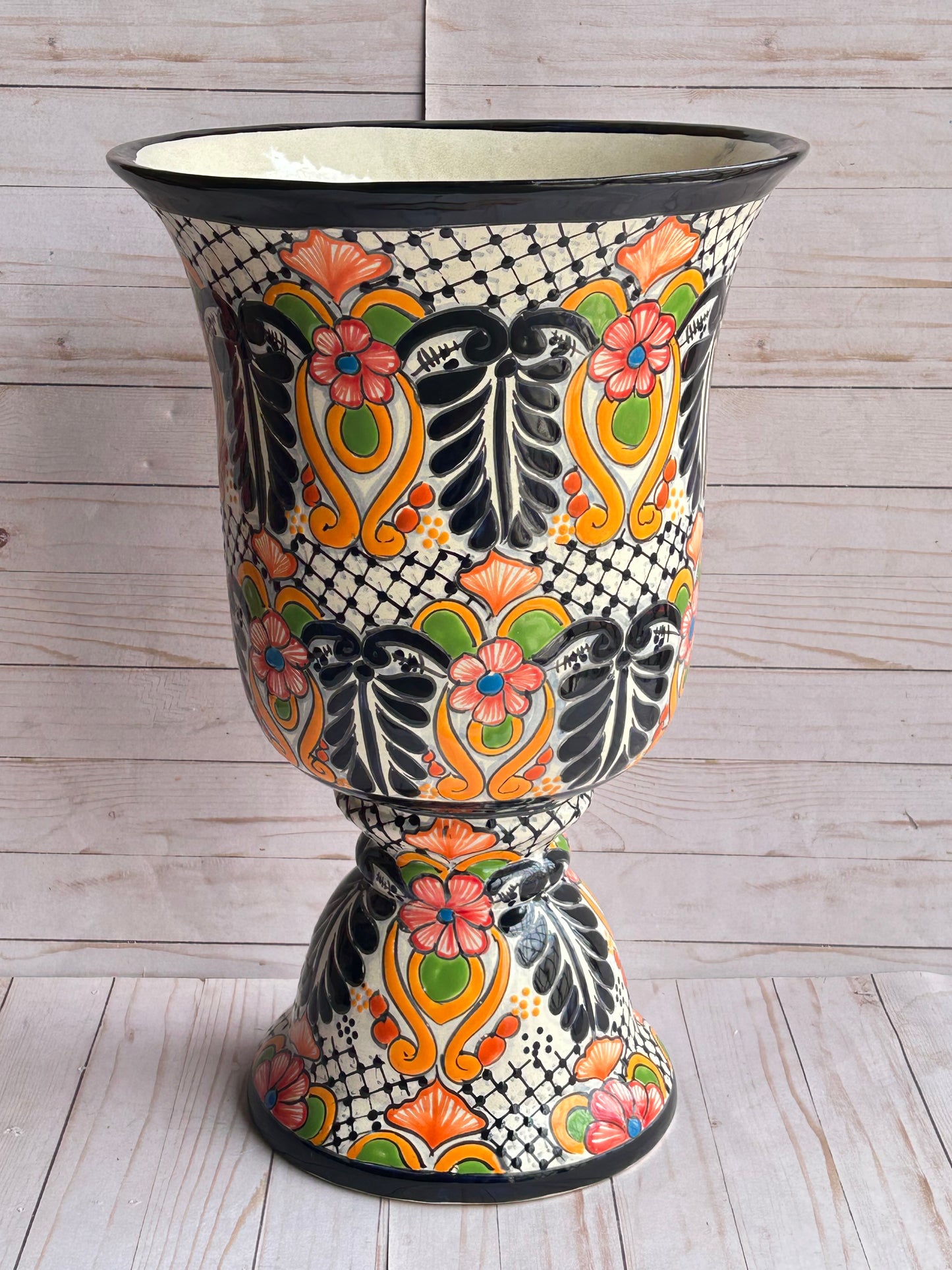 Talavera Planter Cups with Drainage Hole- Hand Painted Mexican Ceramic Pot-Large Pedestal Flower Pot