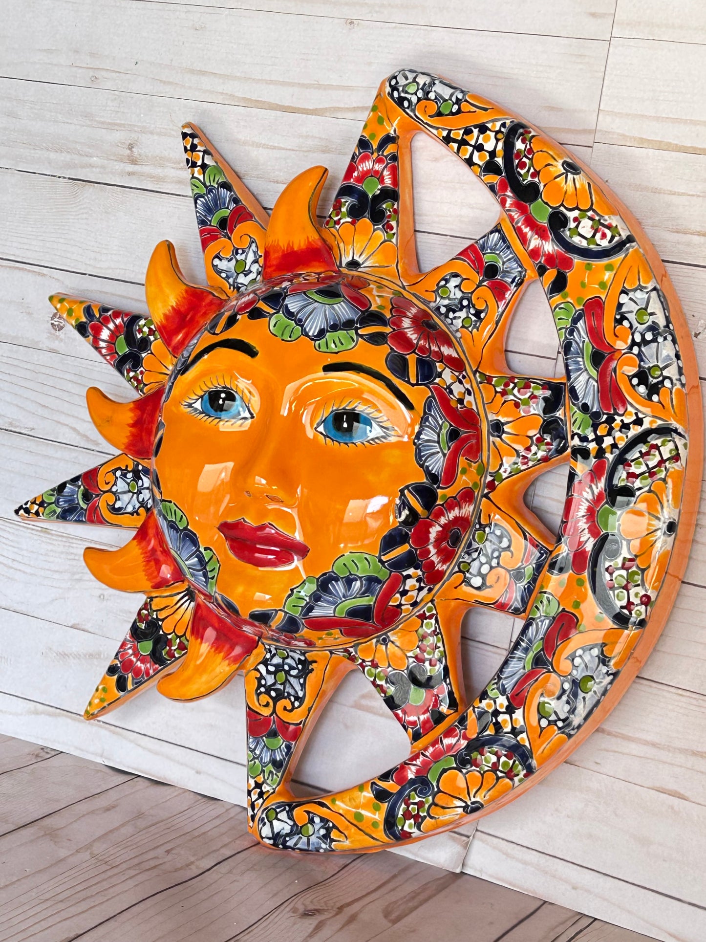Handcrafted Talavera Sun & Moon Wall Art – Colorful Mexican Ceramic Wall Décor – 19.5” Diameter