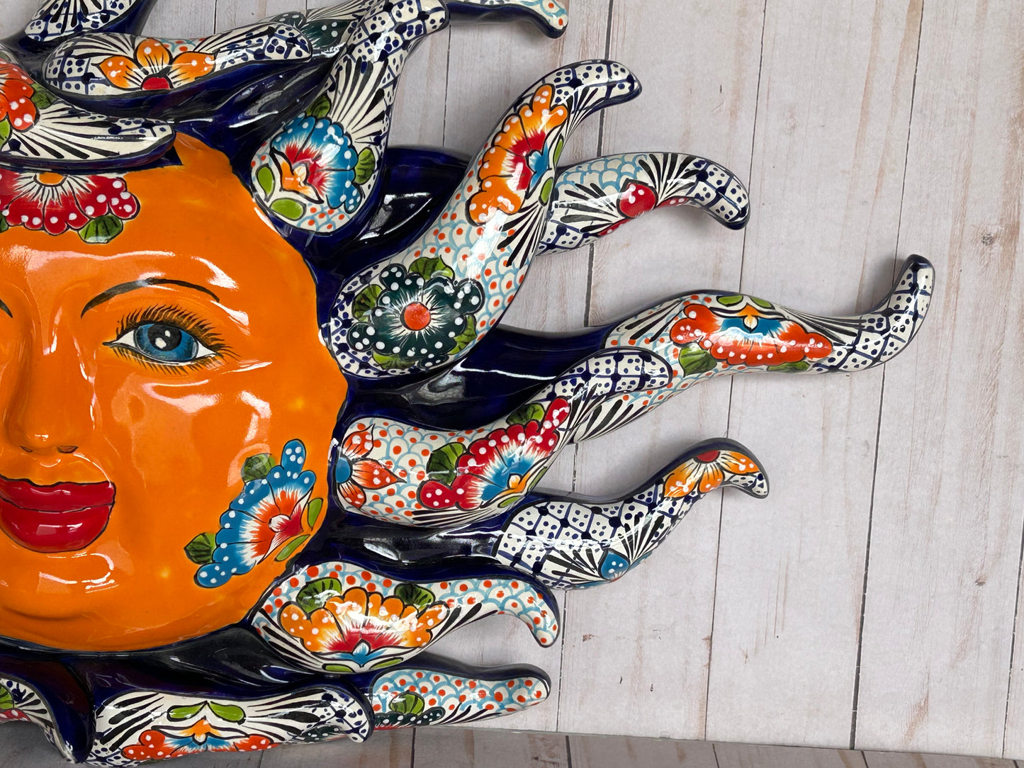 Handcrafted Large Talavera Sun Face Wall Art – Mexican Ceramic Decor, Vibrant Folk Art
