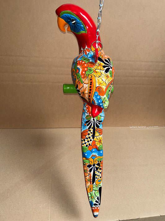 Mexican Talavera Ceramic. Hanging Parrot Red Background Classic Puebla