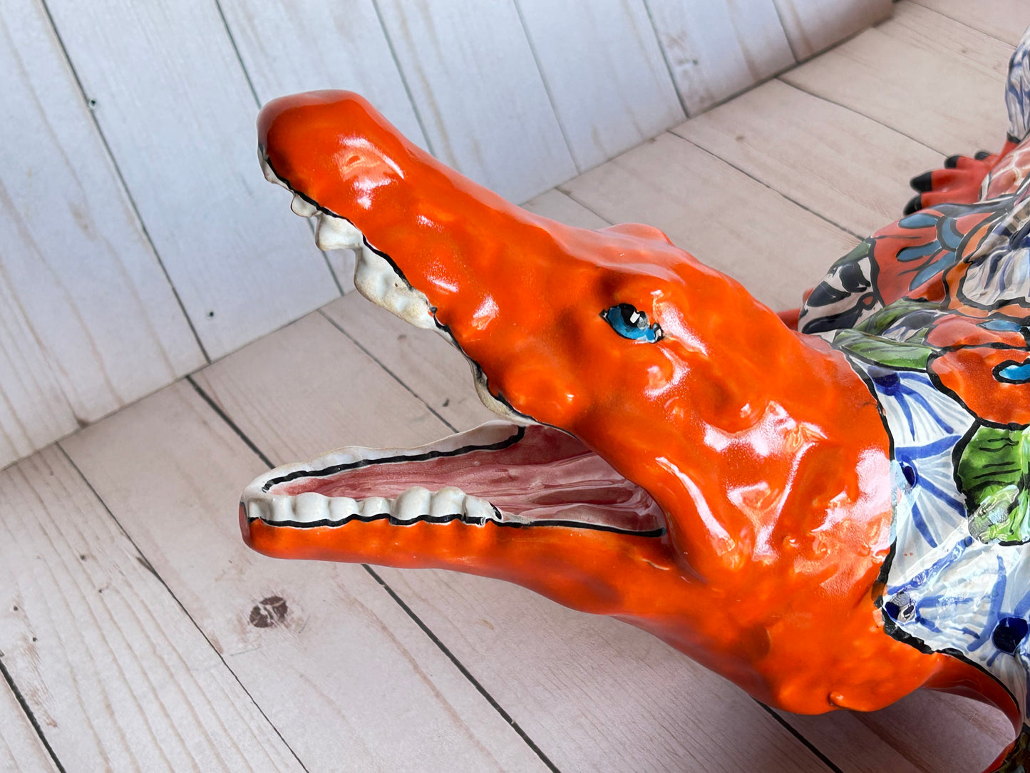 Hand Painted Mexican Ceramic Talavera Alligator Sculpture