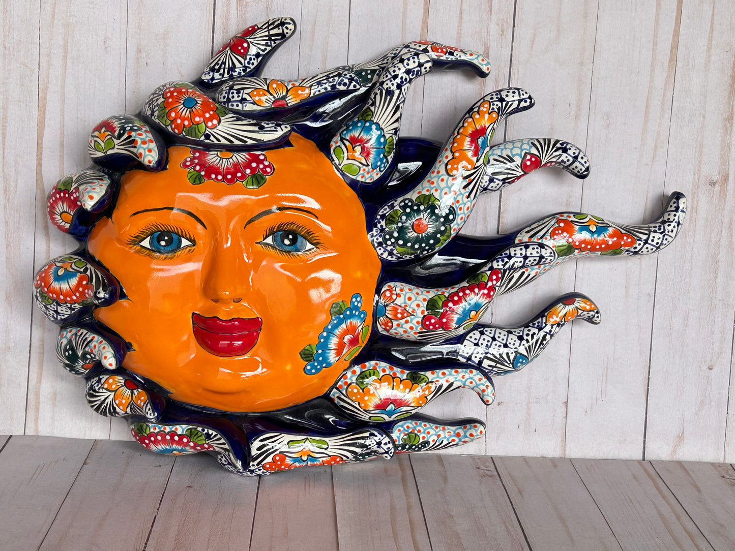 Handcrafted Large Talavera Sun Face Wall Art – Mexican Ceramic Decor, Vibrant Folk Art
