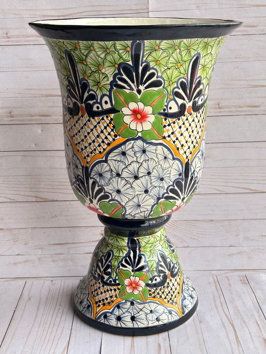 Talavera Planter Cups with Drainage Hole- Hand Painted Mexican Ceramic Pot-Large Pedestal Flower Pot