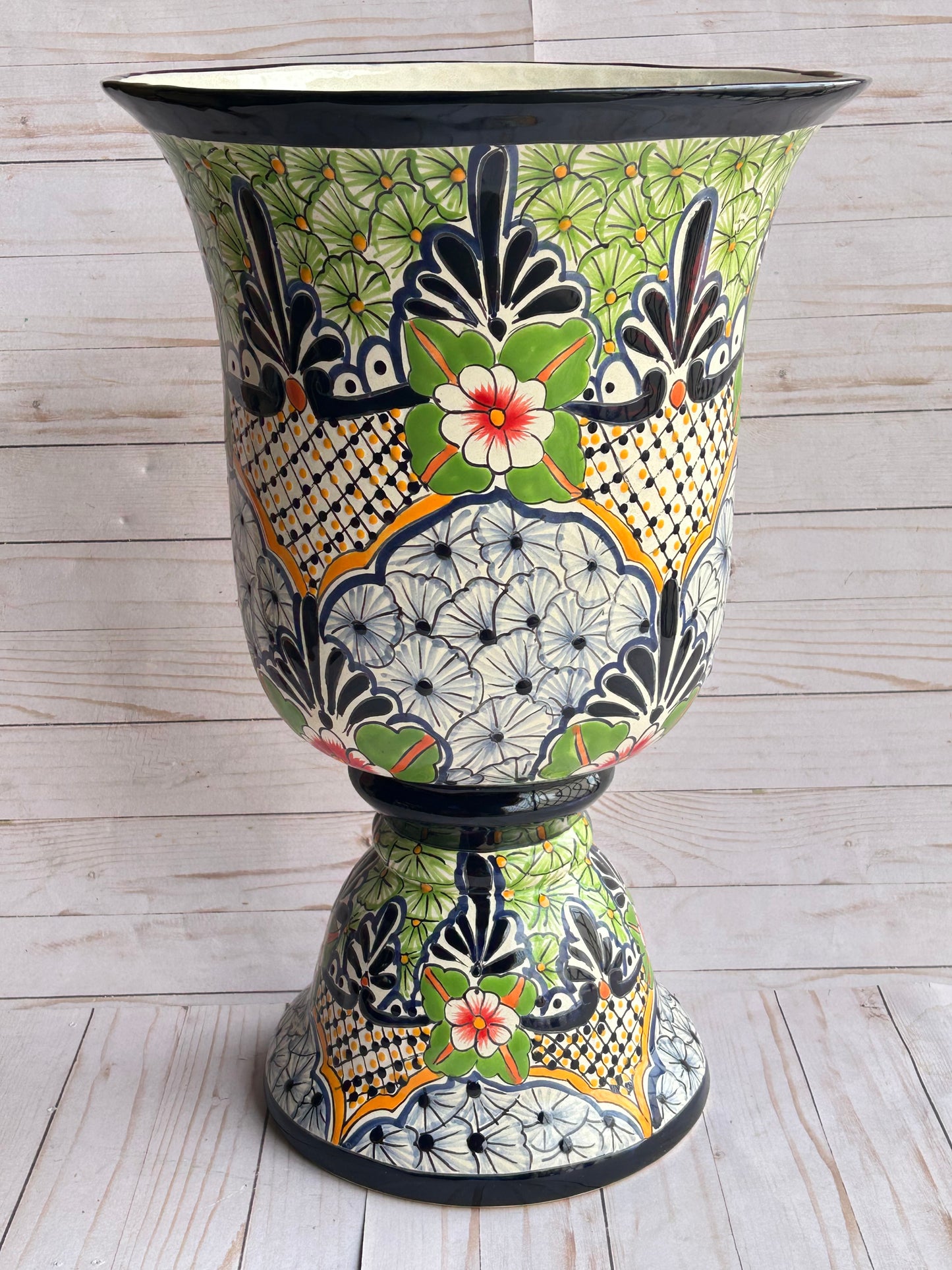 Talavera Planter Cups with Drainage Hole- Hand Painted Mexican Ceramic Pot-Large Pedestal Flower Pot