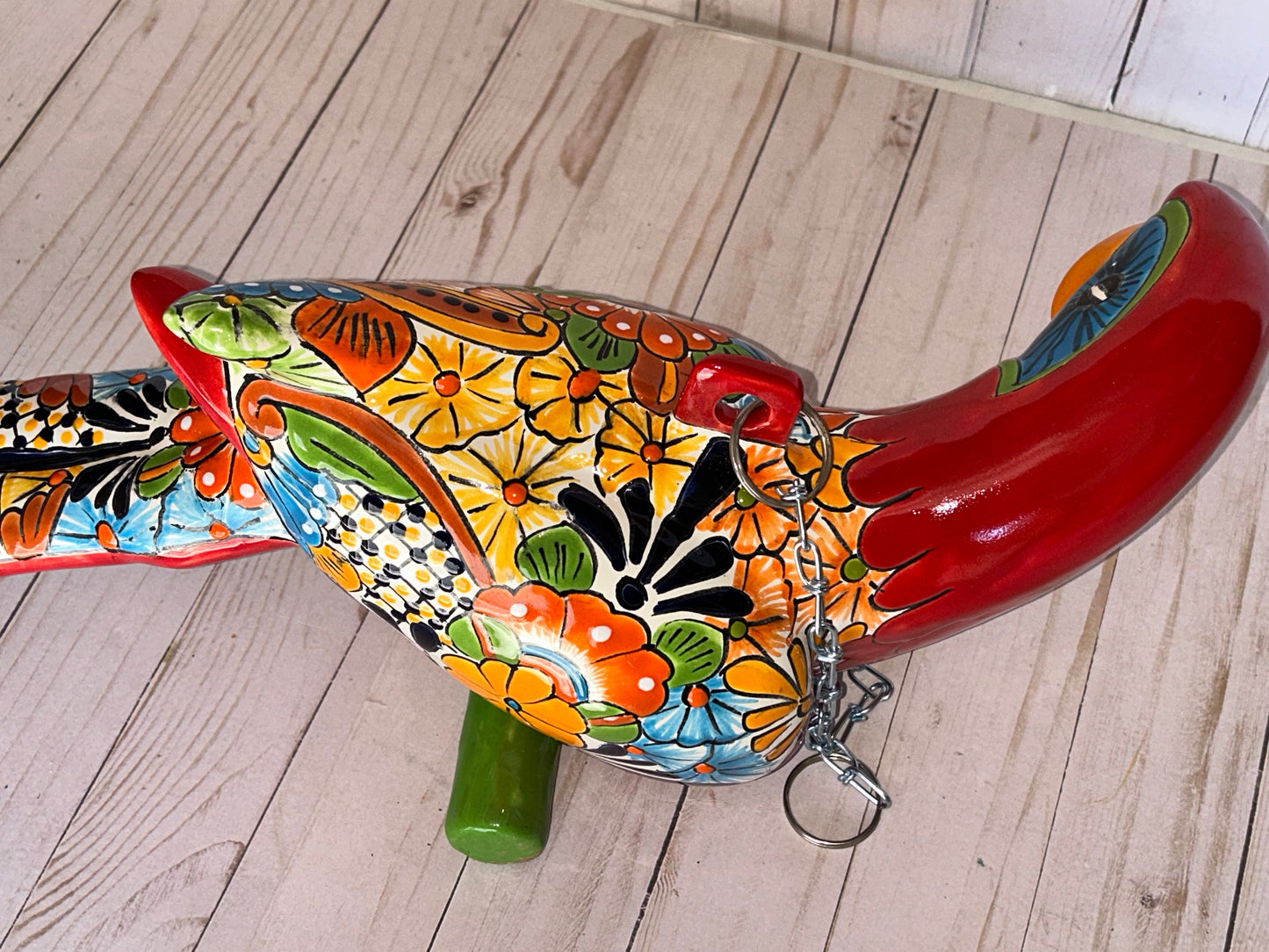 Mexican Talavera Ceramic. Hanging Parrot Red Background Classic Puebla