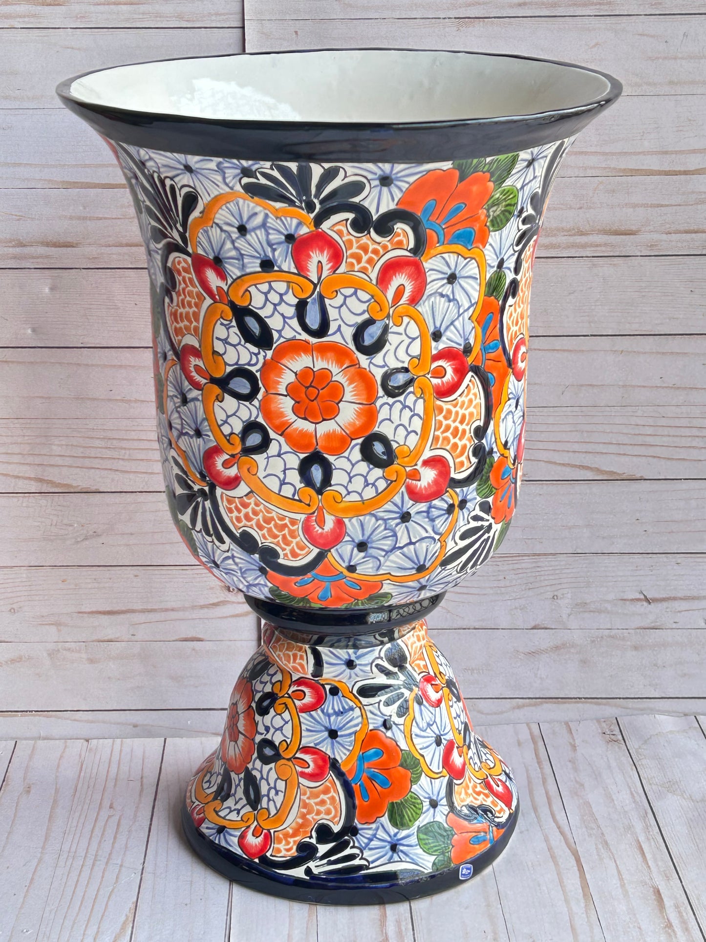Talavera Planter Cups with Drainage Hole- Hand Painted Mexican Ceramic Pot-Large Pedestal Flower Pot