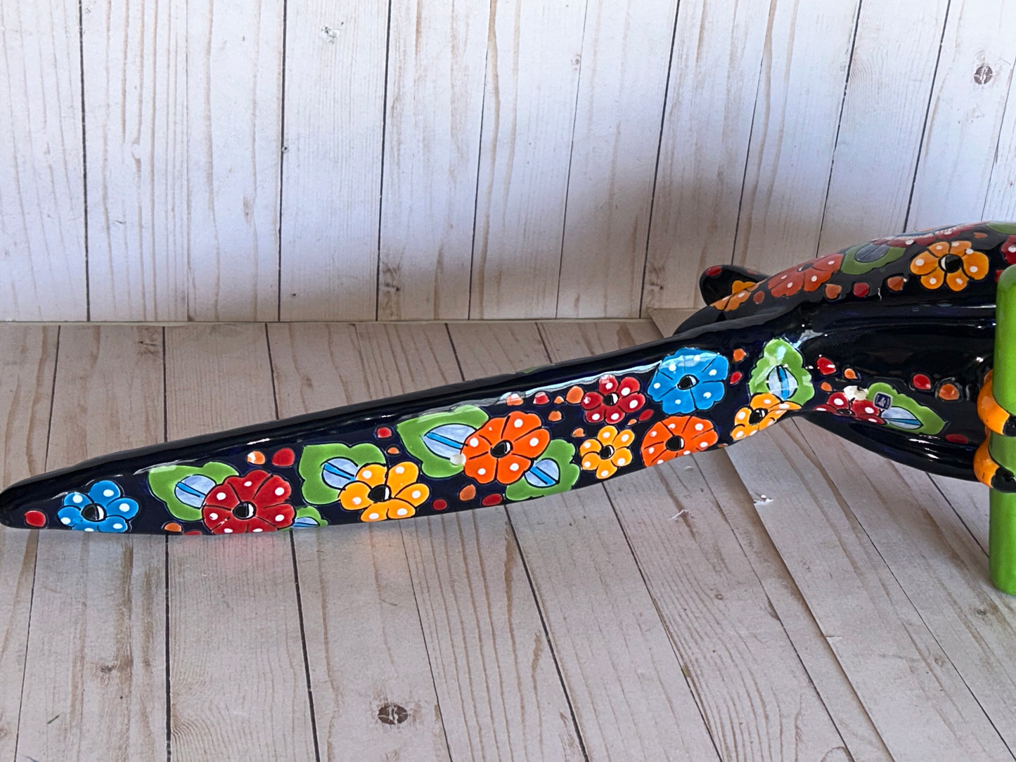 Hanging Ceramic Parrot: Mexican Folk Art, Floral Pattern, Cobalt Blue Background