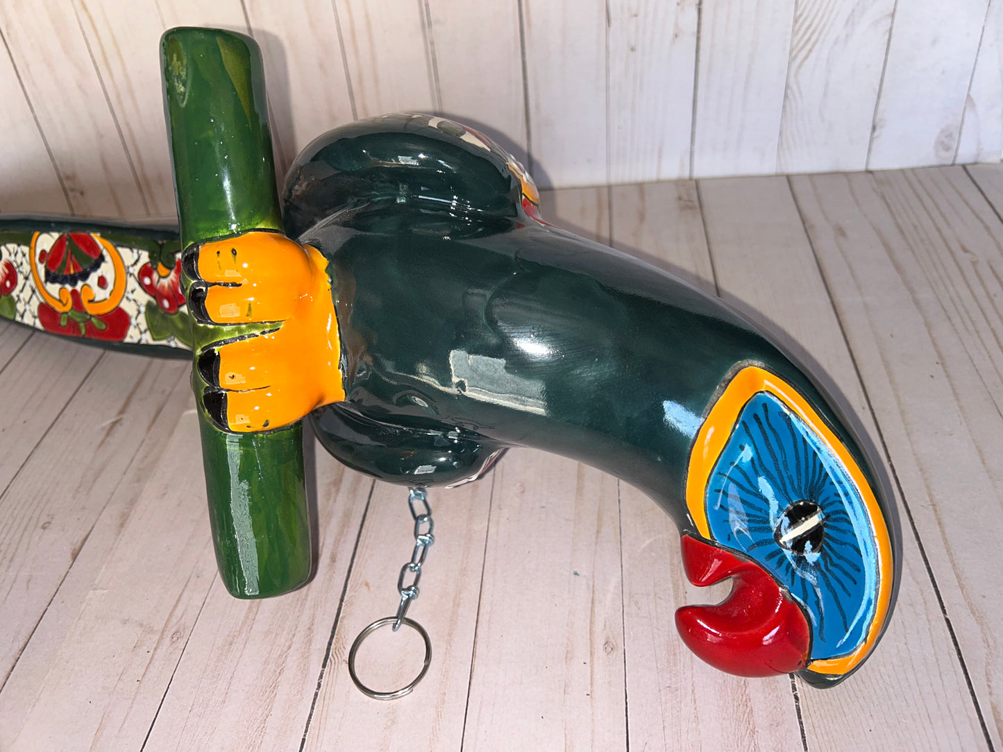 Handmade Ceramic Hanging Parrot: Maya Pattern Mexican Decor