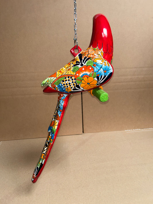 Mexican Talavera Ceramic. Hanging Parrot Red Background Classic Puebla