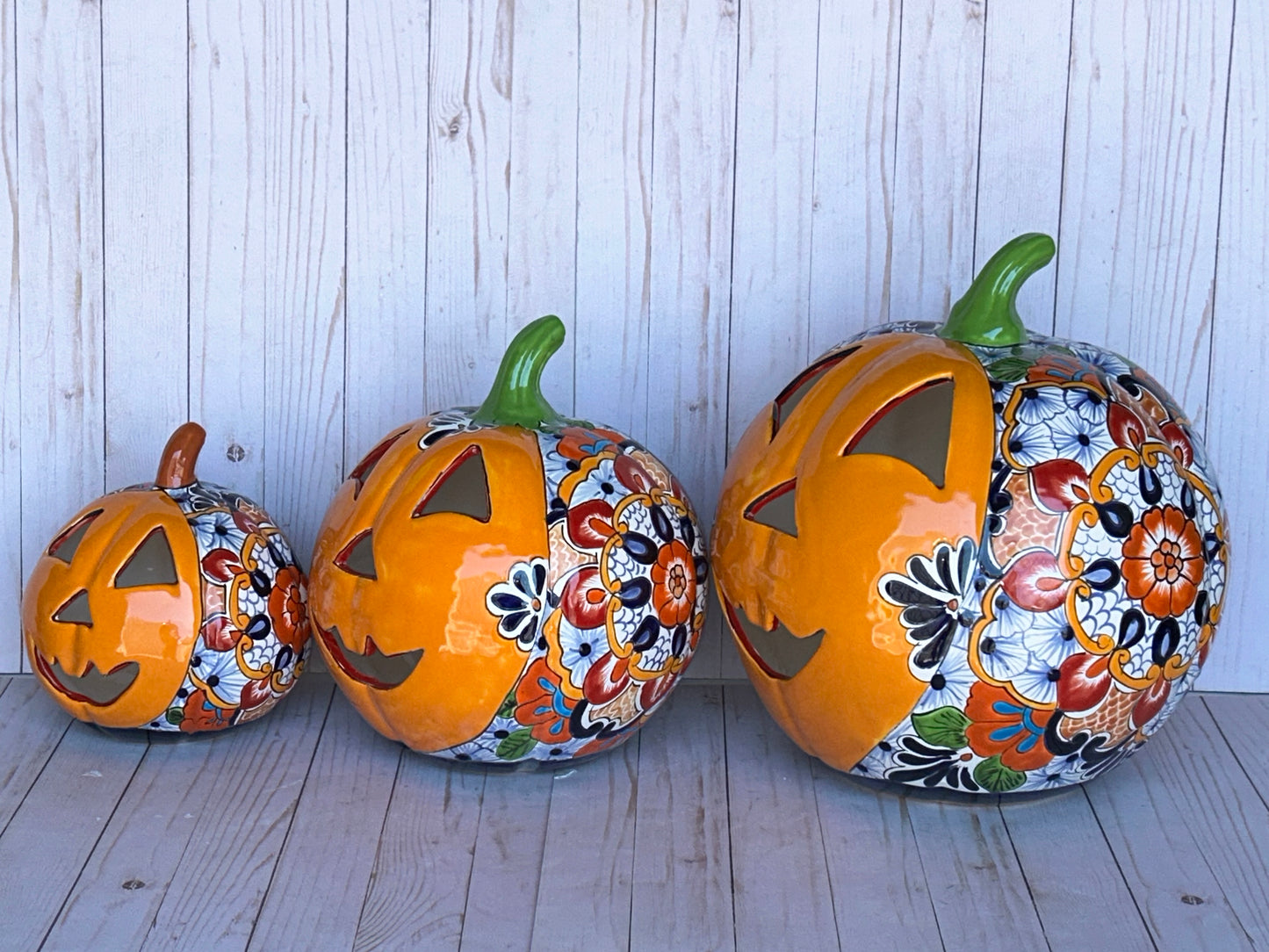 Hand-Painted Talavera Ceramic Pumpkin: Floral Jack-o'-Lantern Decor