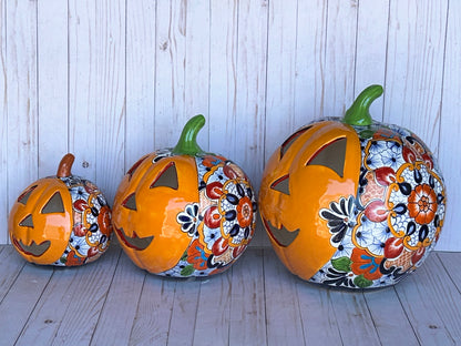Hand-Painted Talavera Ceramic Pumpkin: Floral Jack-o'-Lantern Decor