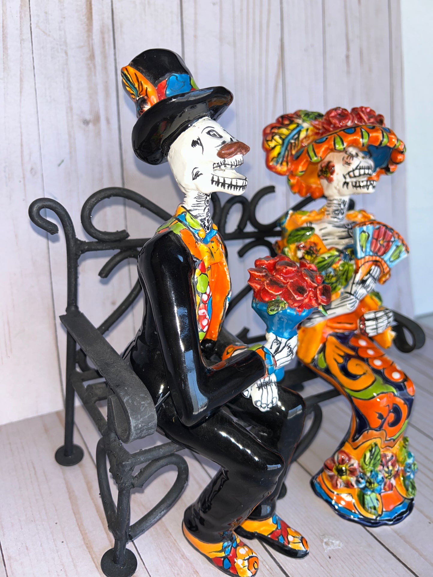 Talavera Small Bride&Groom with Iron Bench Day of the dead.
