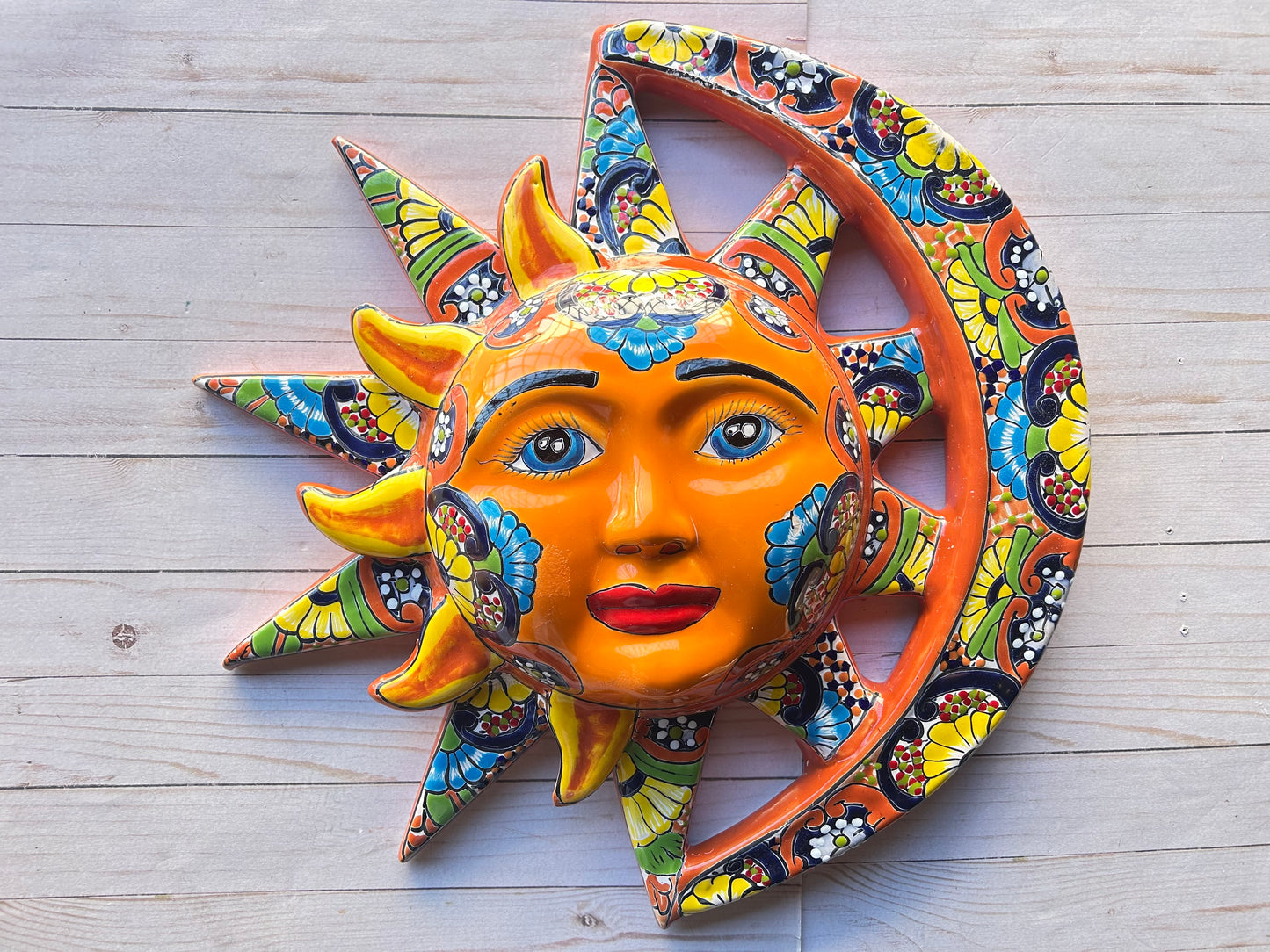 Handcrafted Talavera Sun & Moon Wall Art – Colorful Mexican Ceramic Wall Décor – 19.5” Diameter