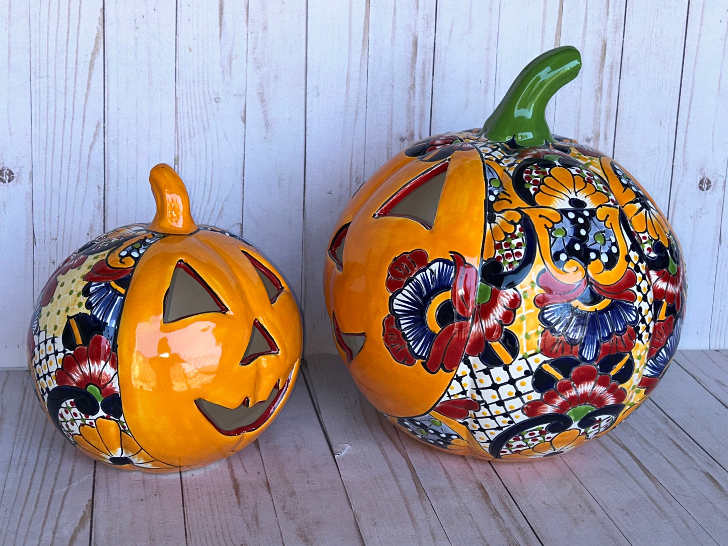 Hand-Painted Talavera Ceramic Pumpkin: Floral Jack-o'-Lantern Decor