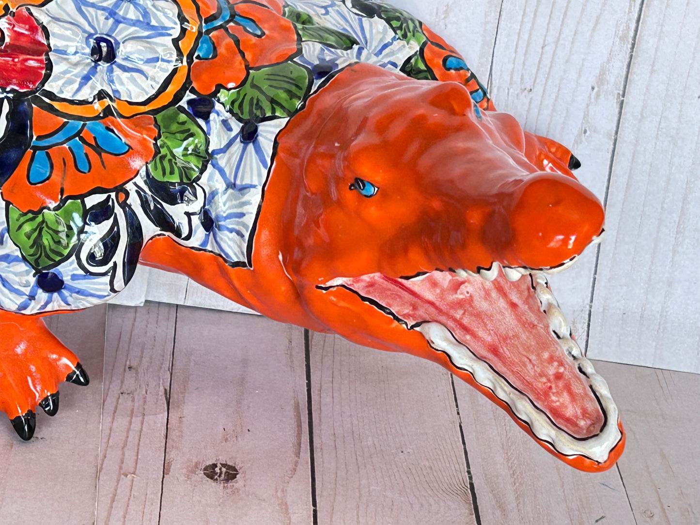 Hand Painted Mexican Ceramic Talavera Alligator Sculpture