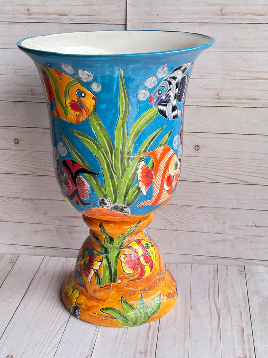 Talavera Planter Cups with Drainage Hole- Hand Painted Mexican Ceramic Pot-Large Pedestal Flower Pot
