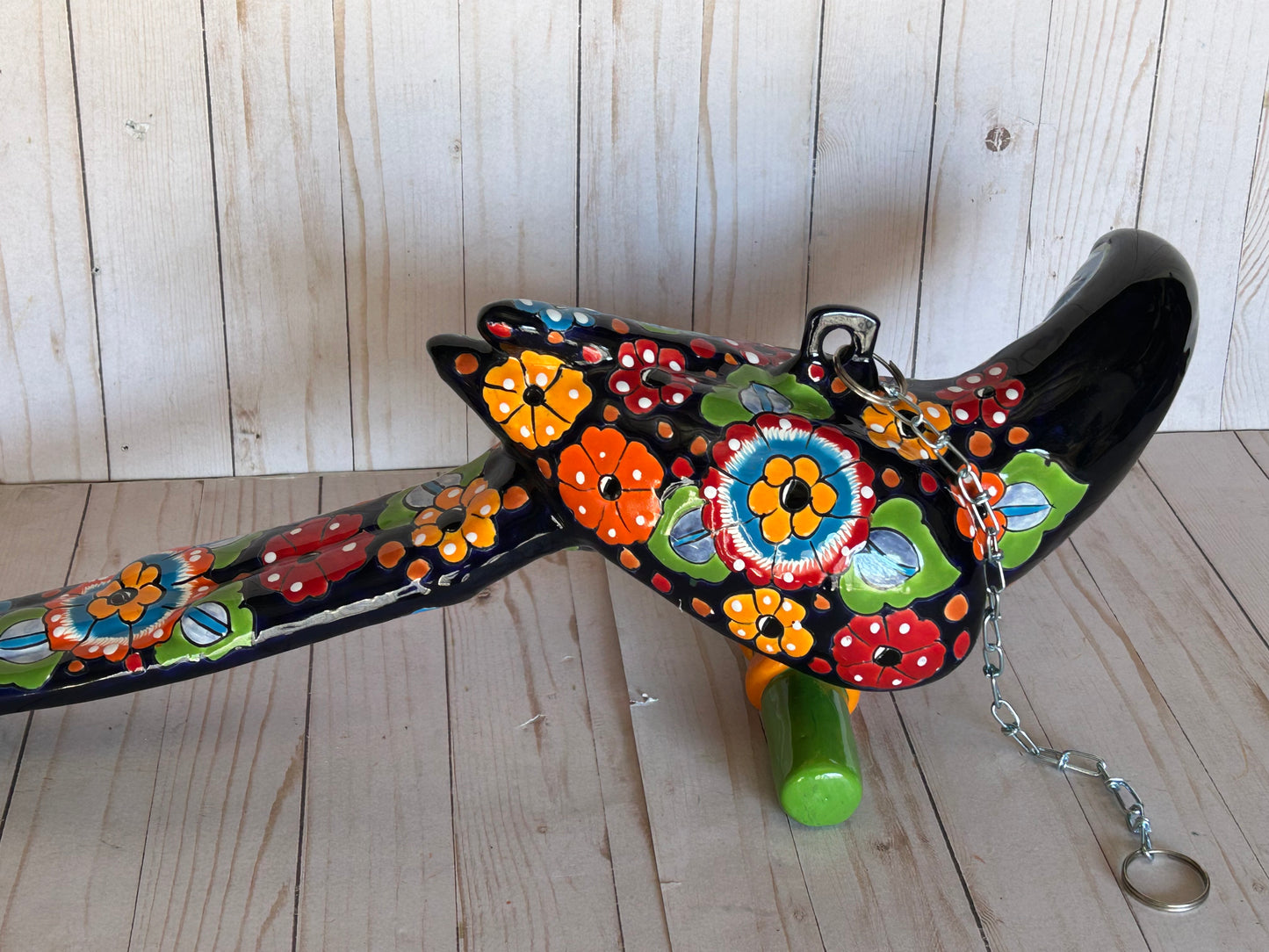 Hanging Ceramic Parrot: Mexican Folk Art, Floral Pattern, Cobalt Blue Background