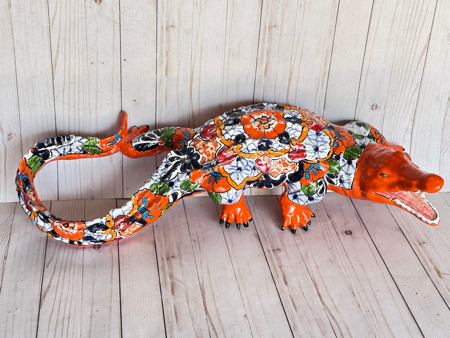 Hand Painted Mexican Ceramic Talavera Alligator Sculpture