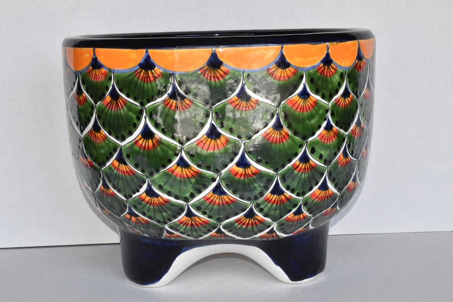 Molcajete flower planter, three feet stand pot colorful and beautiful.