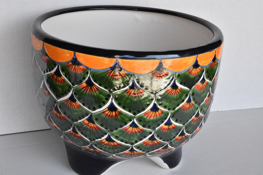Molcajete flower planter, three feet stand pot colorful and beautiful.