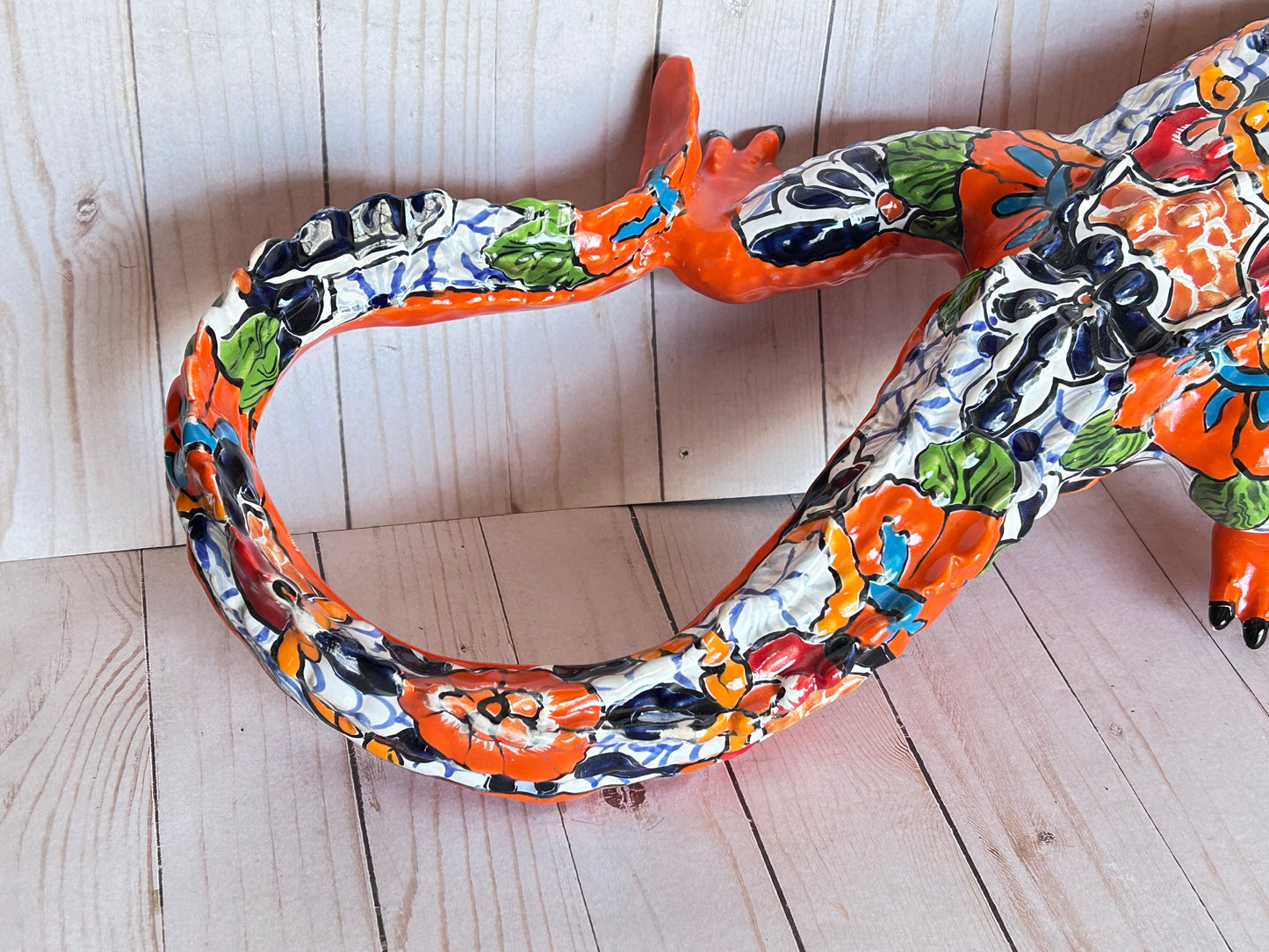Hand Painted Mexican Ceramic Talavera Alligator Sculpture