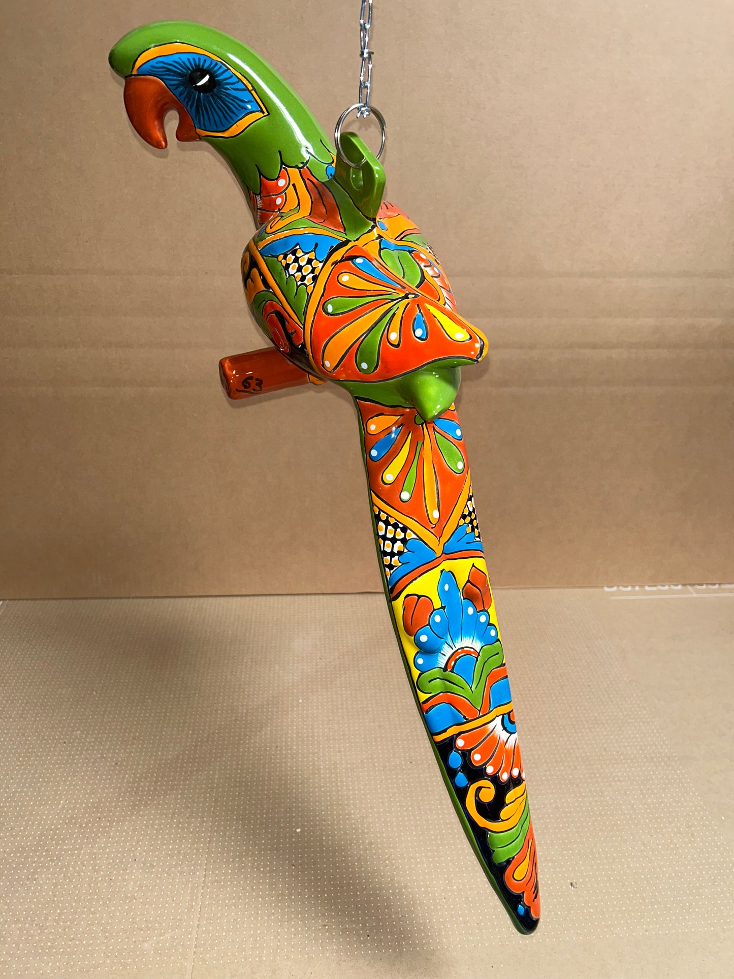 Handmade Ceramic Hanging Parrot: Classic Talavera Pattern Mexican Decor
