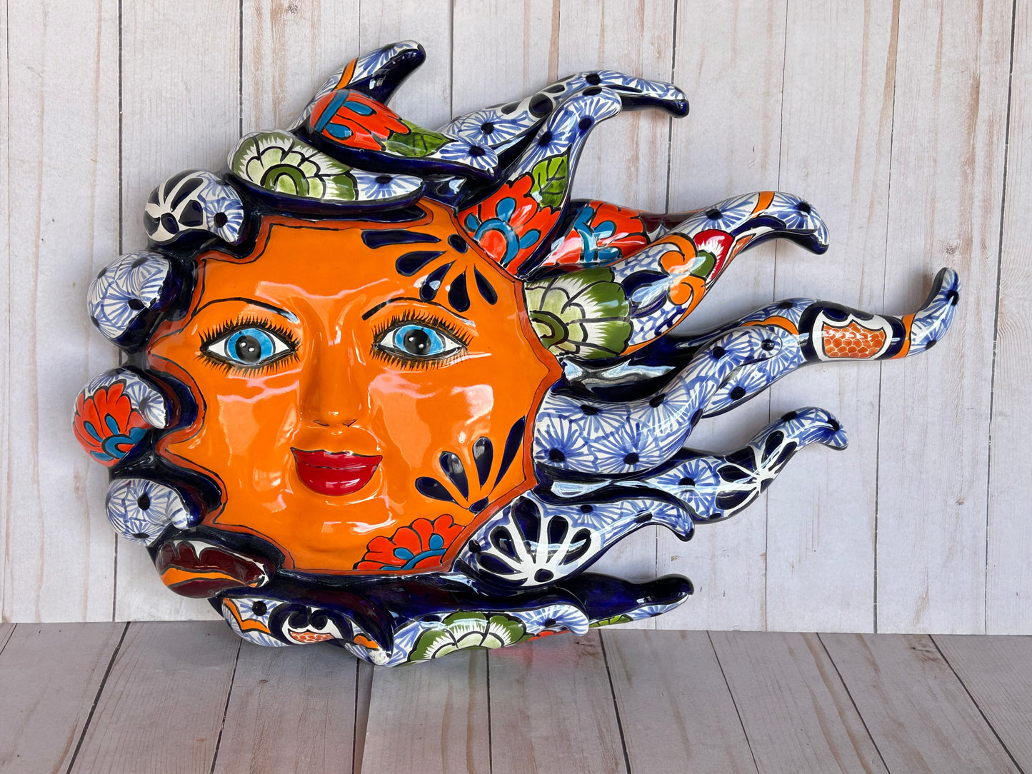 Handcrafted Large Talavera Sun Face Wall Art – Mexican Ceramic Decor, Vibrant Folk Art