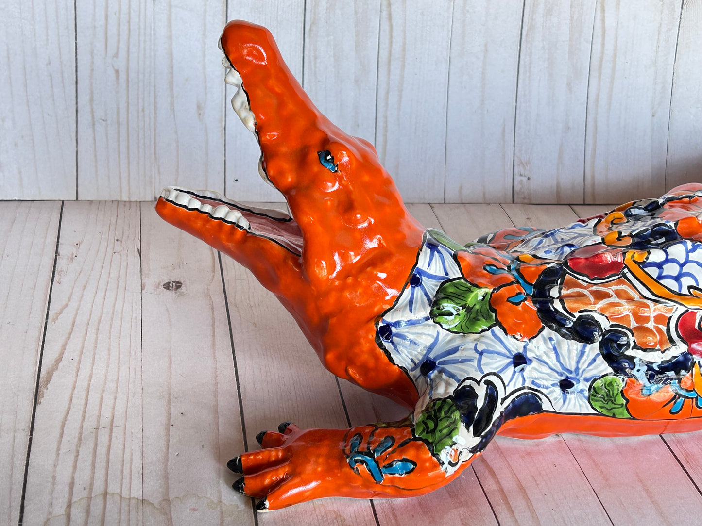 Hand Painted Mexican Ceramic Talavera Alligator Sculpture