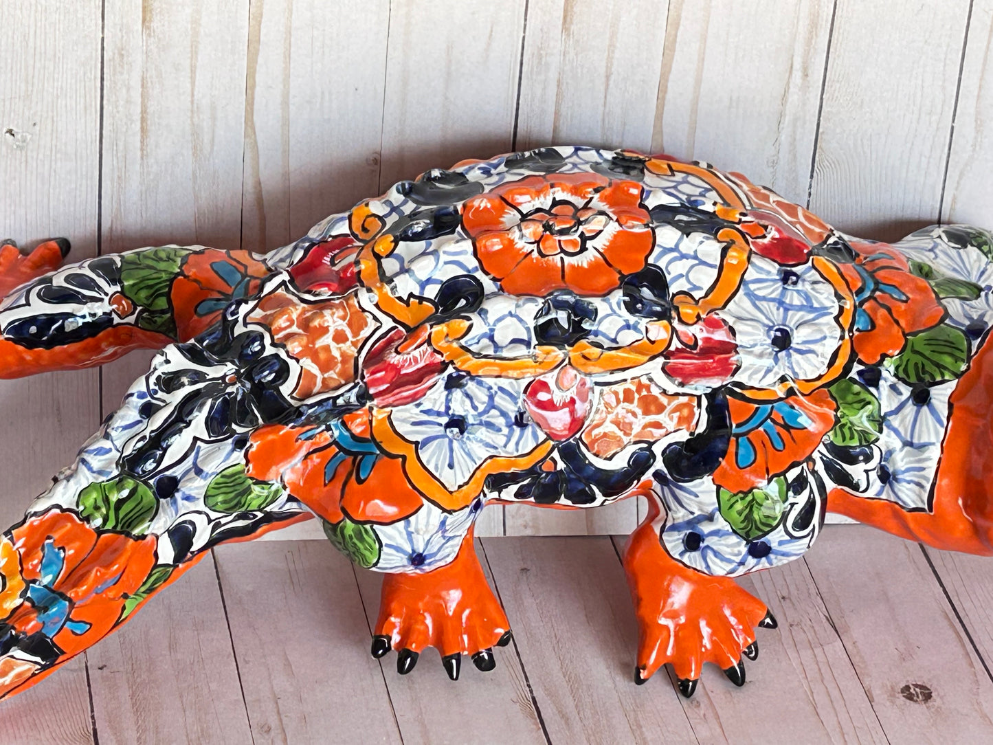 Hand Painted Mexican Ceramic Talavera Alligator Sculpture