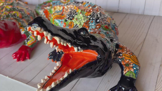 Hand Painted Mexican Ceramic Talavera Alligator Sculpture