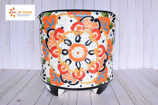 Ringed Round Pot- Talavera White Puebla Design