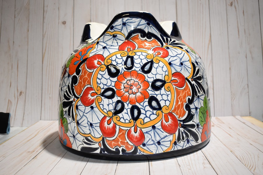 MOLCAJETE FLOWERPLANTER, THREE FEET POT PUEBLA WHITE DESIGN