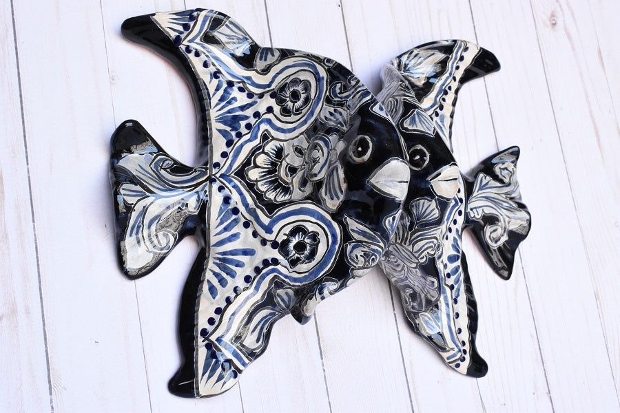 Angelfish- Hancrafted Talavera Ceramic in Cobalt Blue and Sand White Design