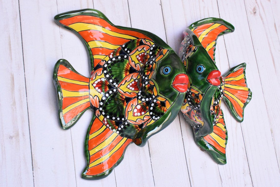 Angelfish- Hancrafted Talavera Ceramic in Green & Red Peacock Design