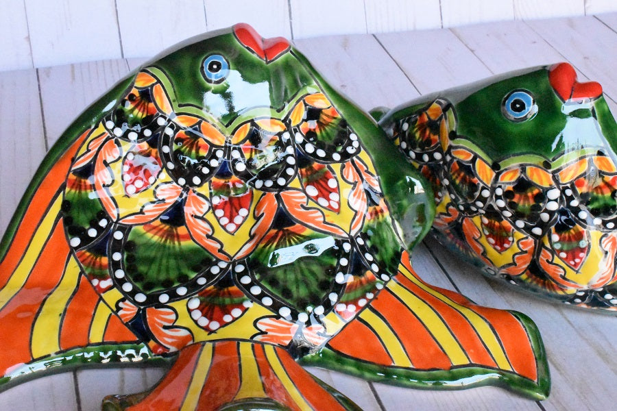 Angelfish- Hancrafted Talavera Ceramic in Green & Red Peacock Design