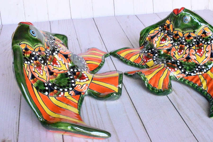 Angelfish- Hancrafted Talavera Ceramic in Green & Red Peacock Design