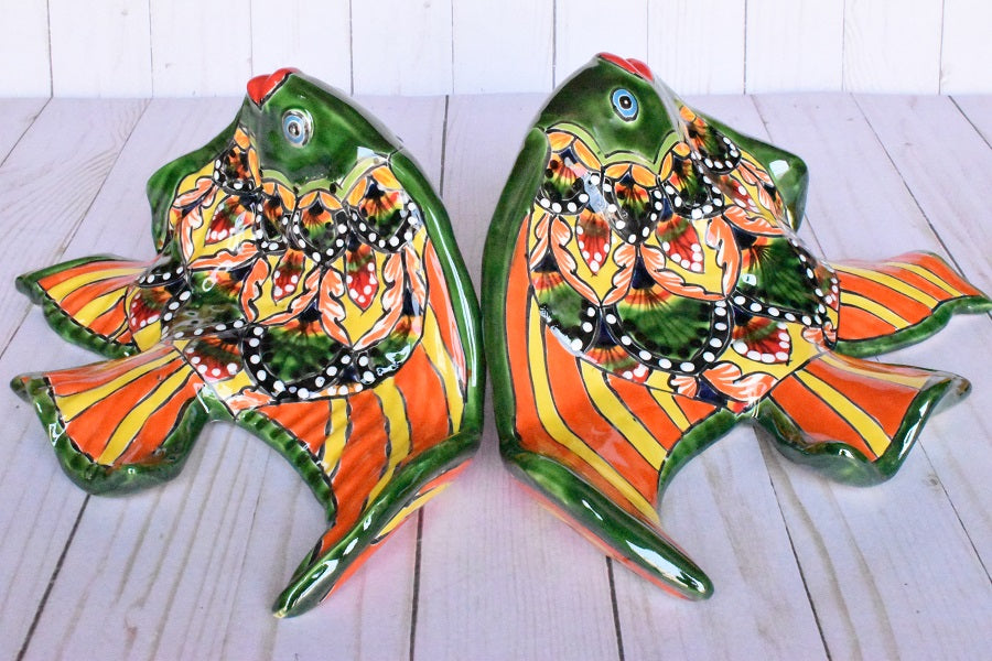 Angelfish- Hancrafted Talavera Ceramic in Green & Red Peacock Design