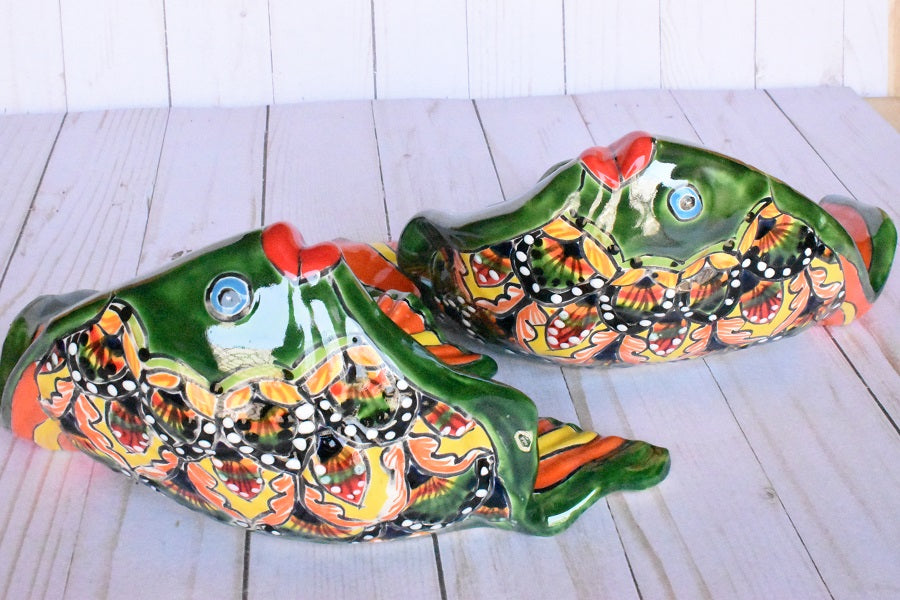 Angelfish- Hancrafted Talavera Ceramic in Green & Red Peacock Design