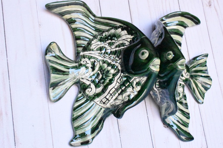 Angelfish- Hancrafted Talavera Ceramic in Green Leaf and Sand White Design