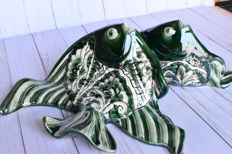Angelfish- Hancrafted Talavera Ceramic in Green Leaf and Sand White Design