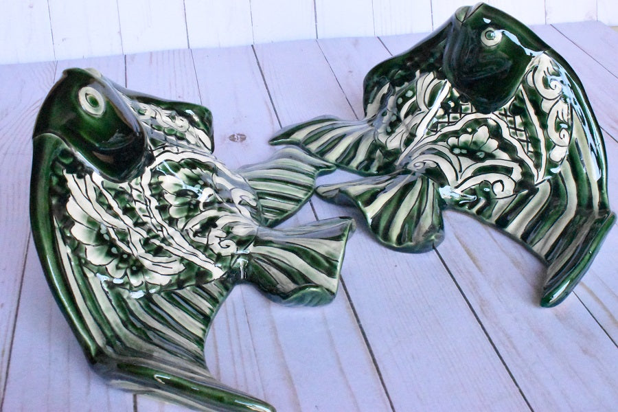 Angelfish- Hancrafted Talavera Ceramic in Green Leaf and Sand White Design