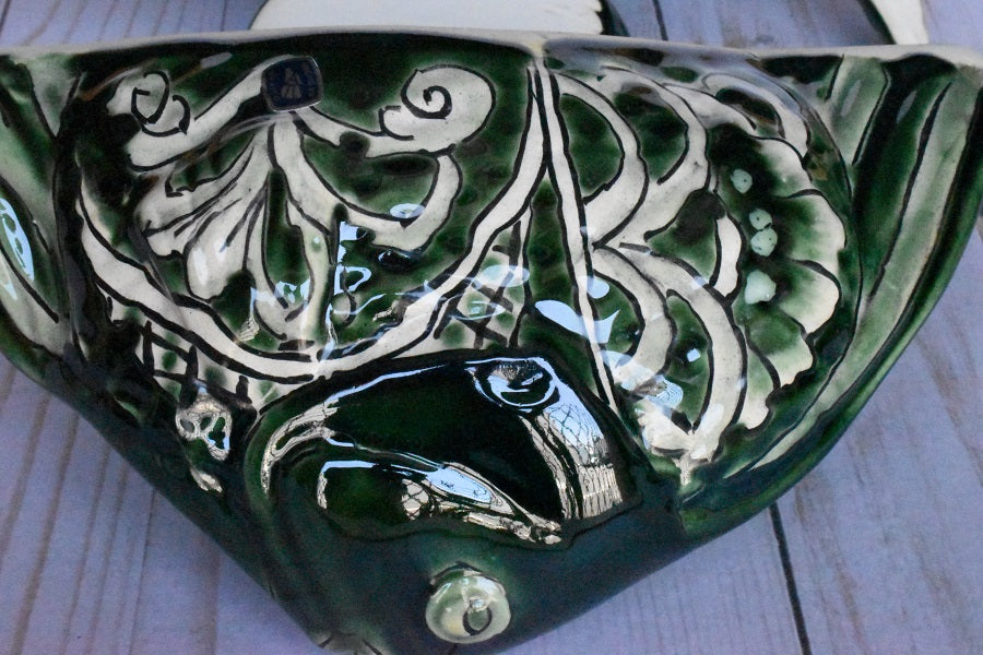 Angelfish- Hancrafted Talavera Ceramic in Green Leaf and Sand White Design