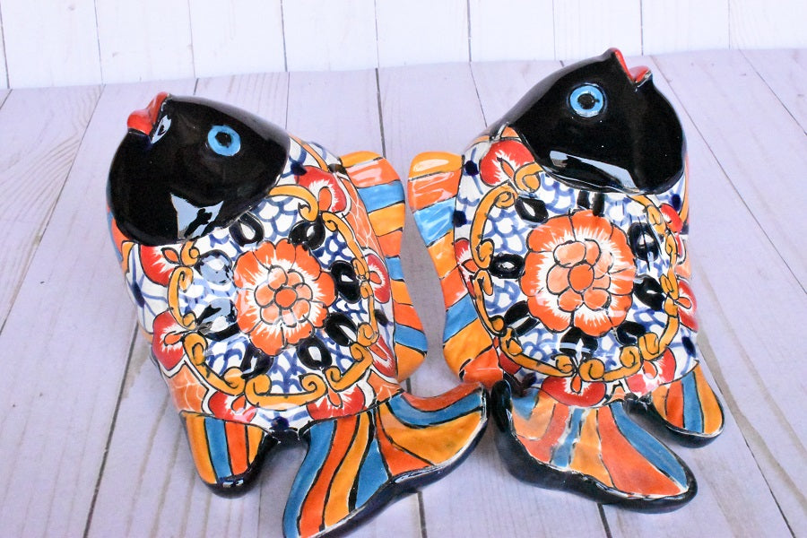 KOI-FISH Handmade Talavera Ceramic in White Puebla Design