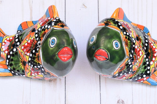 KOI-FISH Handmade Talavera Ceramic in Green & Red Peacock Design